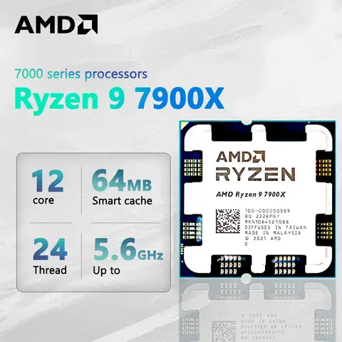AMD Ryzen 9 7900X CPU , R9 7900X, 4.7GHz,12 Core,24 Thread,5nm,L3 = 64M,100-000000589 Socket, AM5, nuovo ma senza dispositivo di raffreddamento