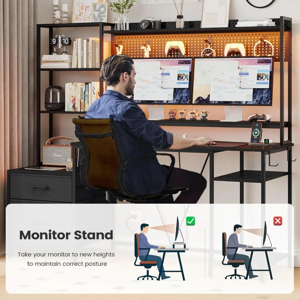 Gaming Desk with Hutch, 65in Reversible Computer Desk with Power Outlets LED Light, Home Office Desk with Monitor Stand 2 Drawer