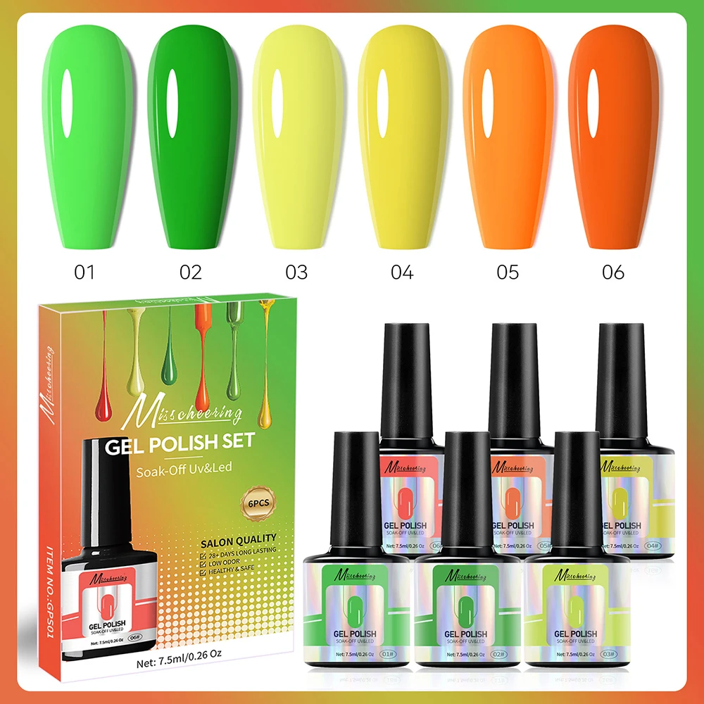 UV/LED Light Cured 6-Color Nails Polish Kit High Pigmented DIY Gel Nails Polish For Nail Art