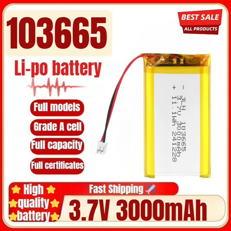 

103665 3.7V 3000mAh Polymer Lithium Rechargeable Battery for DIY Power Bank Bluetooth Speaker Solar Light LED Lamp Toys Game