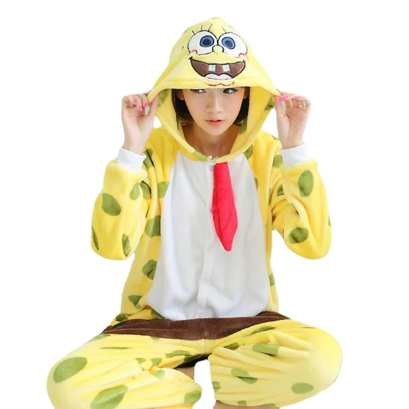 Pelele de Bob Esponja Kigurumi, pijamas Unisex para adultos, disfraz de Cosplay de Anime, ropa de dormir de franela suave con cremallera, ropa de casa