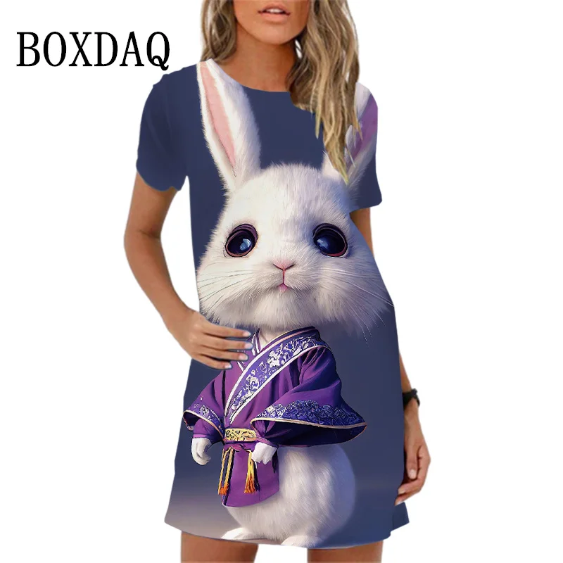 2024 New Women Spring Summer Dress Hip Hop Abstract 3D Cat Pattern Short Sleeve Mini Dress Casual O-Neck Loose Female Girl Dress