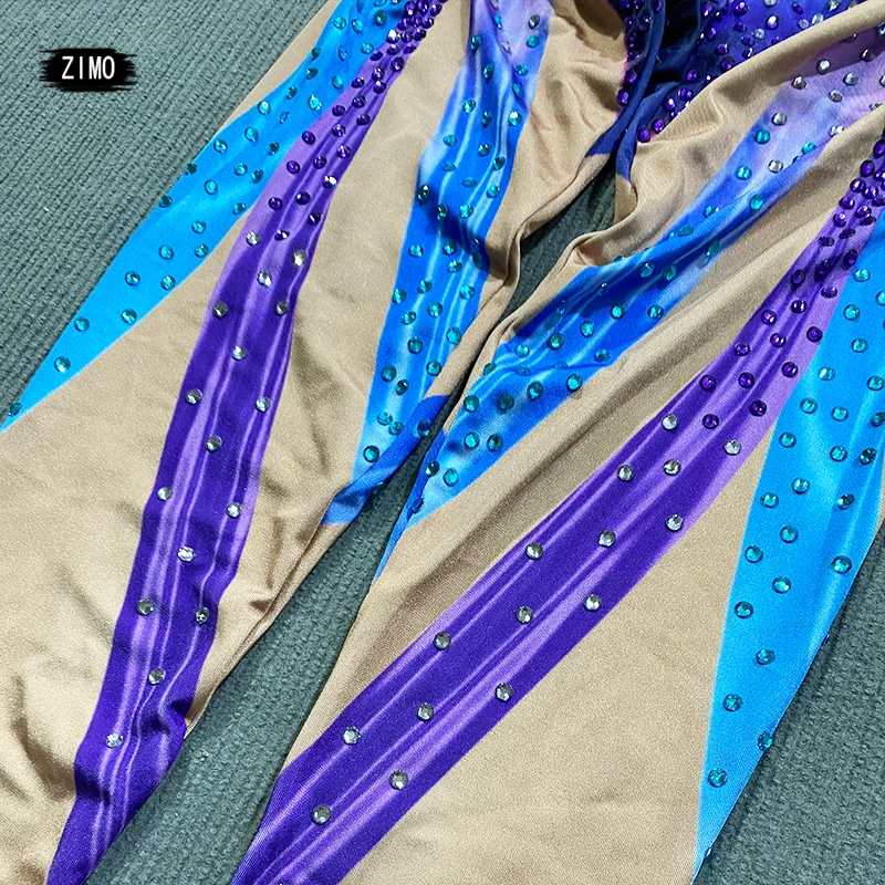 Sparkle Butterfly Blue Rhinestones Jumpsuit ผู้หญิงยืดกางเกงขายาวนักร้องเครื่องแต่งกายเต้นรําวันเกิด PARTY Club STAGE ชุด spandex