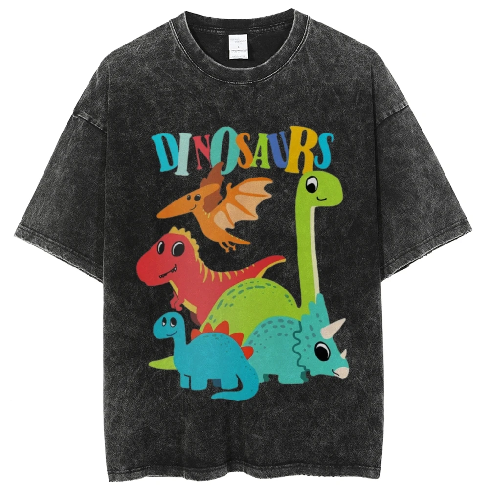 Colorful Dinosaur Cartoon Vintage Unisex Washed T-shirt, Dinosaur School Tee