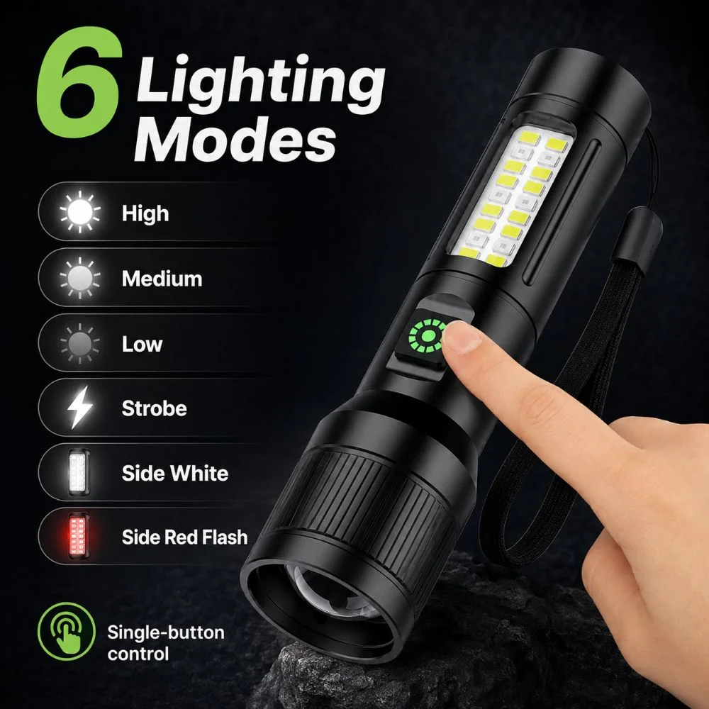 Rechargeable LED Flashlight Adjustable Beam Long Lasting COB Side Light Waterproof Multiple Lighting Mode Outdoor Flashlight