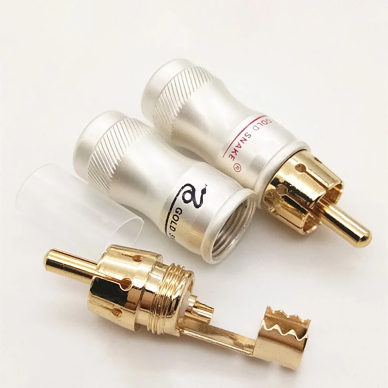 銅金メッキRCAオスプラグ、ロータスはんだプラグ、オーディオビデオコネクタ、ケーブルdiy、ゴールドスネーク、2個、1ペア