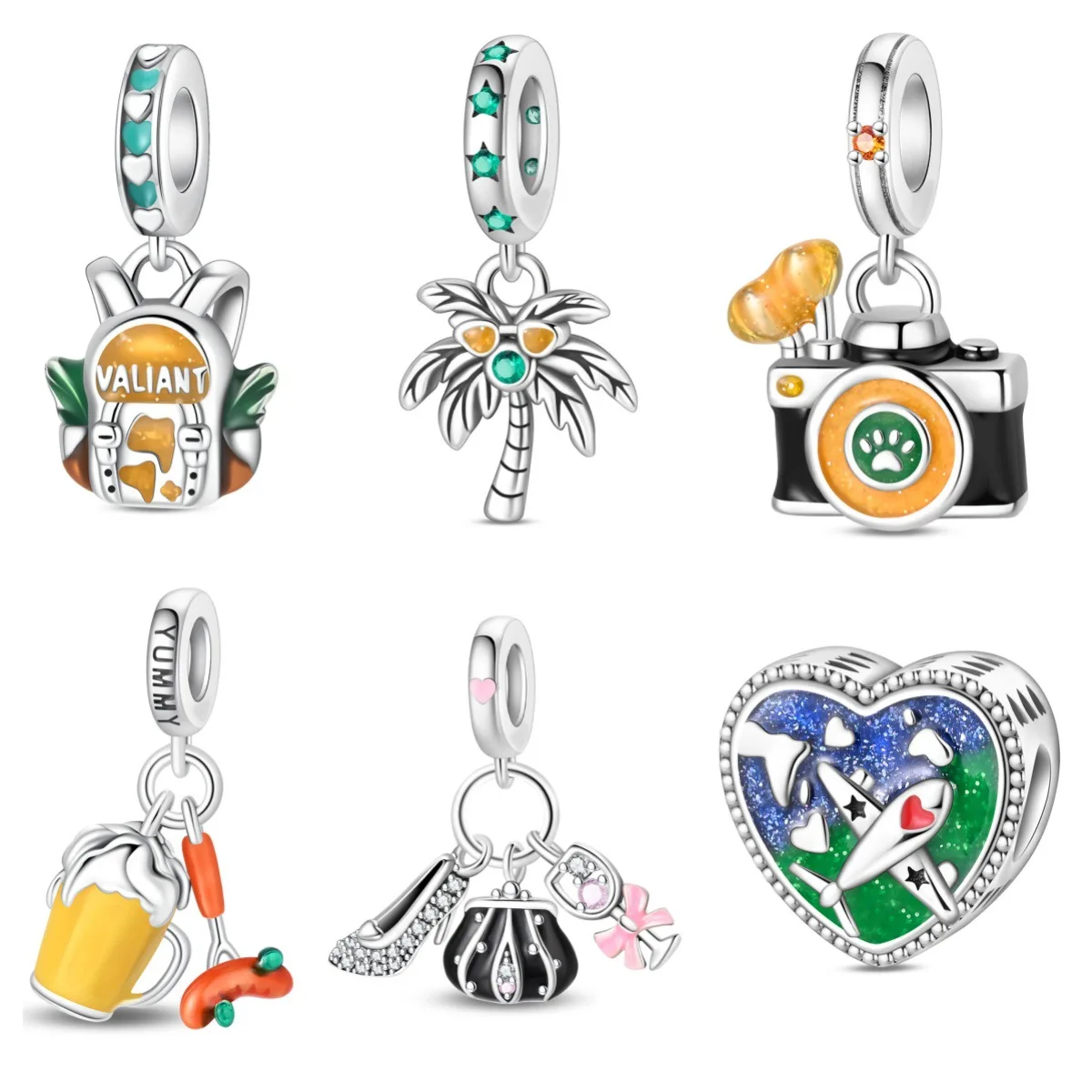 Original 925 Sterling Silber Charms Urlaub Reise Rucksack Kamera Bier Wurst Perlen Passend für Armbänder Halsketten DIY Schmuck Damen