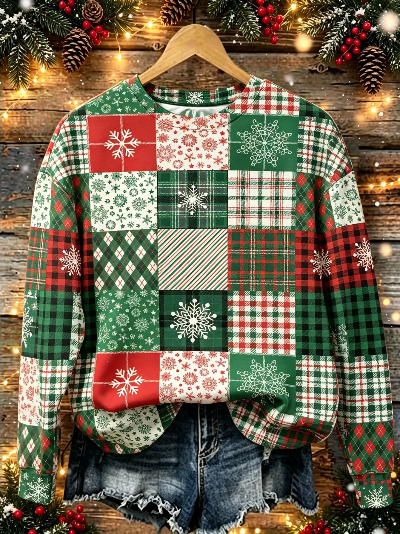 Women Long Sleeve T-shirt Round Neck Christmas Patchwork Plaid Snowflake Print Holiday Casual Tops Women's Clothes
