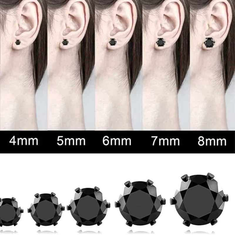 1 Pair Fashion Stainless Steel 4-8mm Cubic Zirconia Stud Earrings Round CZ Crystal Black Silvery Golden Ear Piercing Jewelry