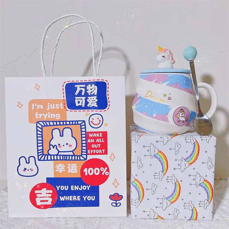 400ml Cute Unicorn Ceramic Cup Ins High Beauty Coffee Mug with Spoon Straw Box Dust Plug Small Summer Couple Water Cups Gift