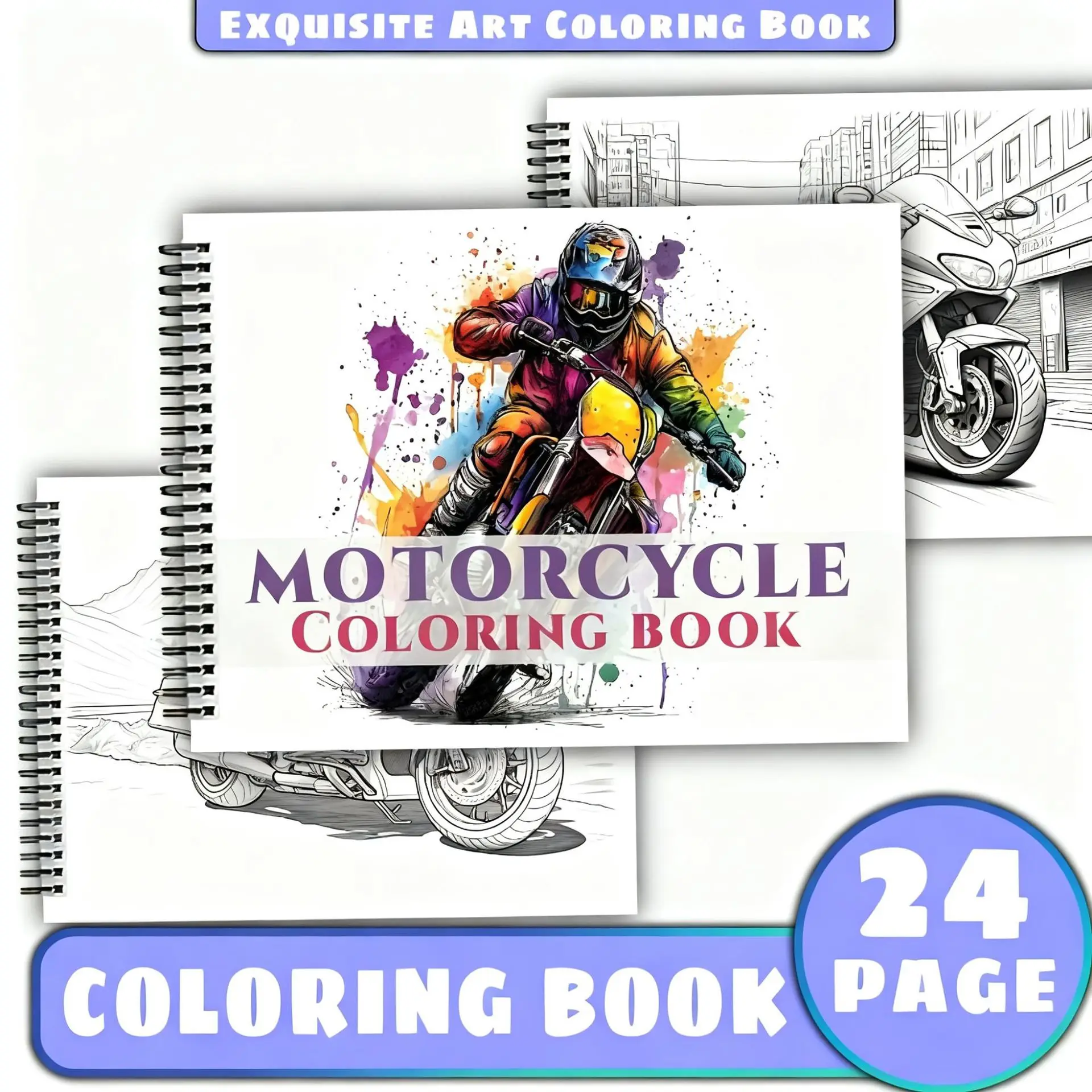 Exquisite Art Motorcycle Adult Coloring Book 24 Pages Vintage Chopper Designs for Relaxation Stress Relief Gift