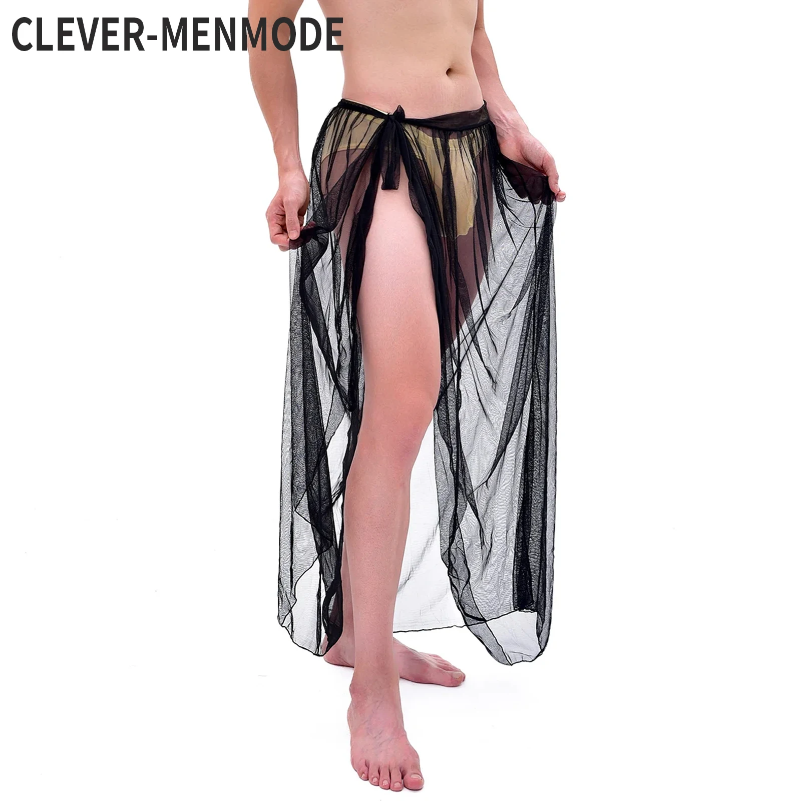 CLEVER-MENMODE Men Pajamas Sexy Mesh Sleep Bottoms See Through Long Sleepwear Culottes Transparent Side Spilt Nightdress