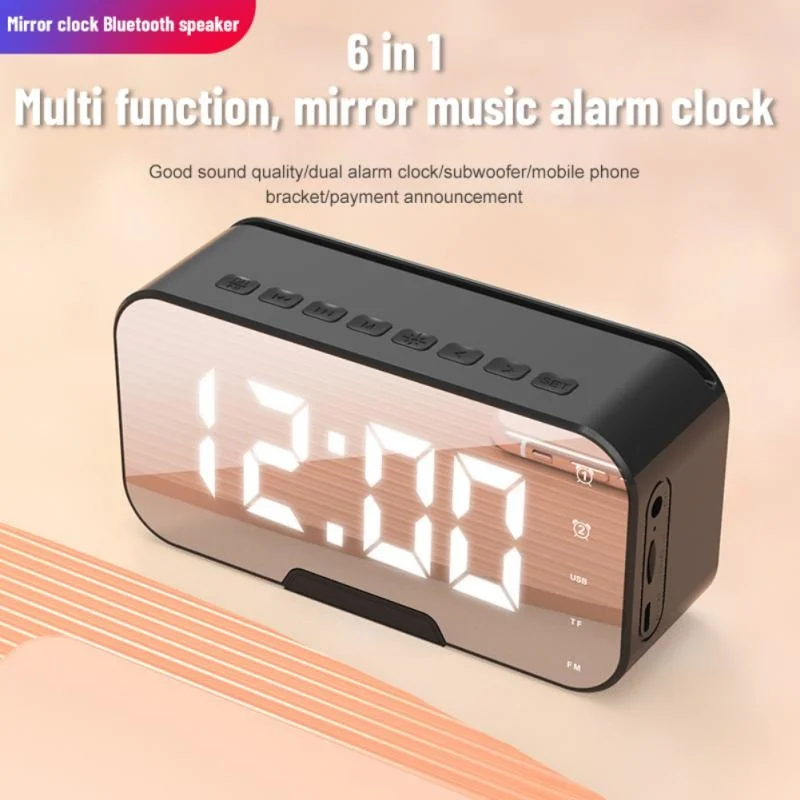 2023 New Wireless Bluetooth Speaker With FM Radio Mini Portable Card Mirror Alarm Sound Dual Alarm Clock Settings For All Phone