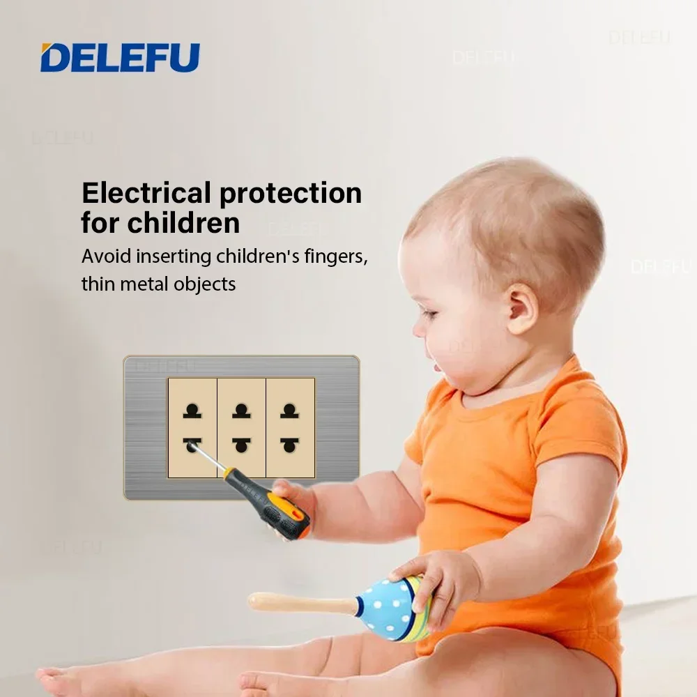 DELEFU Stainless Steel Gold Border Gray Panel Thai Switch Socket Computer USB Type C Wall Power Socket
