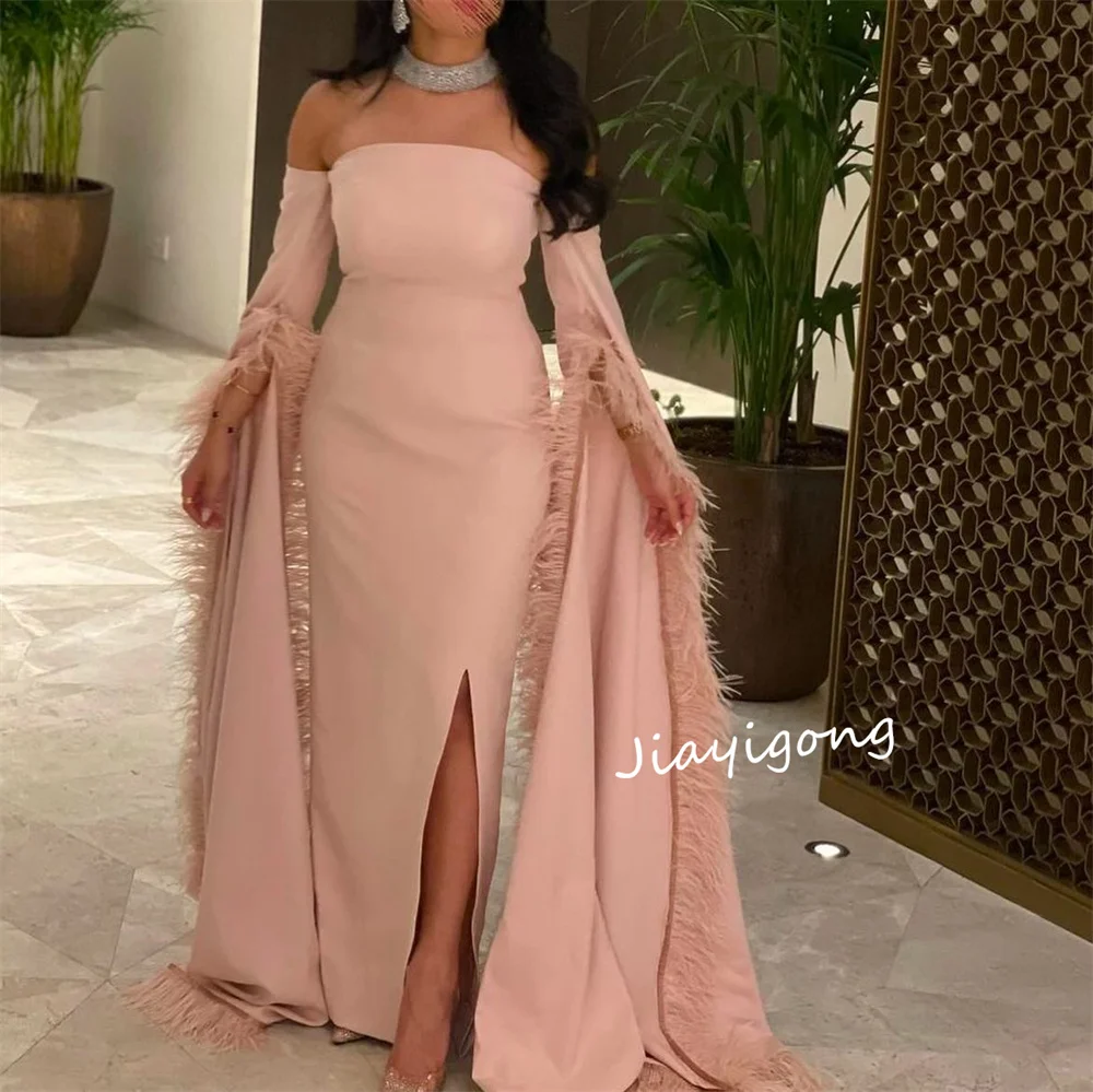 Customized Formal Jersey Pleat Feather Straight Strapless Long Dresses Bespoke Occasion Dresses Elegant Saudi Arabia