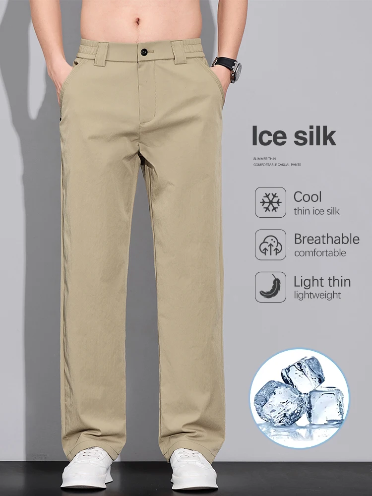 

Spring Summer Thin Casual Pants Men's Comfort Straight Fashion Korean Trousers Light Gray Ice Silk Cool Business Work Clothes
