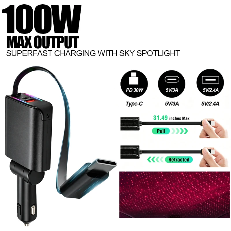 100W Car Charger with Roof Starlight Fast Charging PD 30W Type-C Retractable Cable & 3 Charging Ports Phone Charger For Android