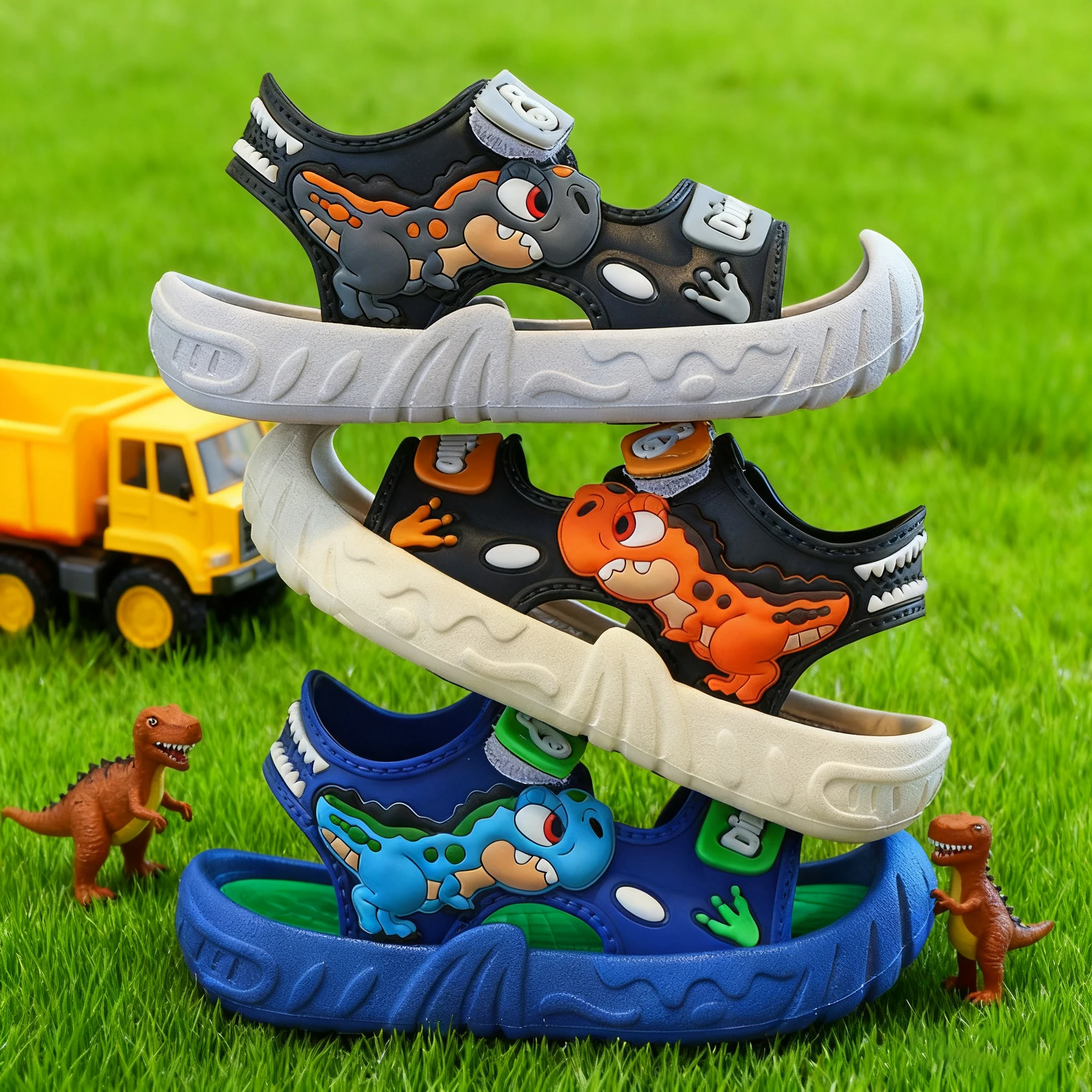 Toddler Boys 3D Dinosaur Sport Sandals, Closed Toe Anti-Collision, Adjustable Strap Non-Slip Soft Sole Summer Shoes for Outdoor