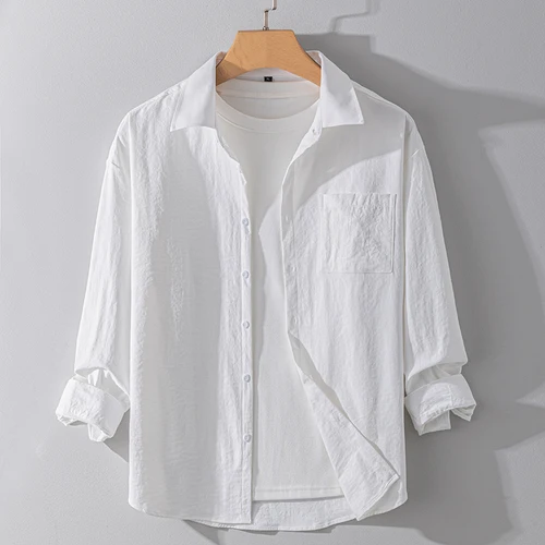 Imagen 2 del producto Camisa de manga larga de Color sólido de otoño para hombre, camisas holgadas y suaves para oficina y negocios, camisas informales de moda coreana, blanco, negro y verde