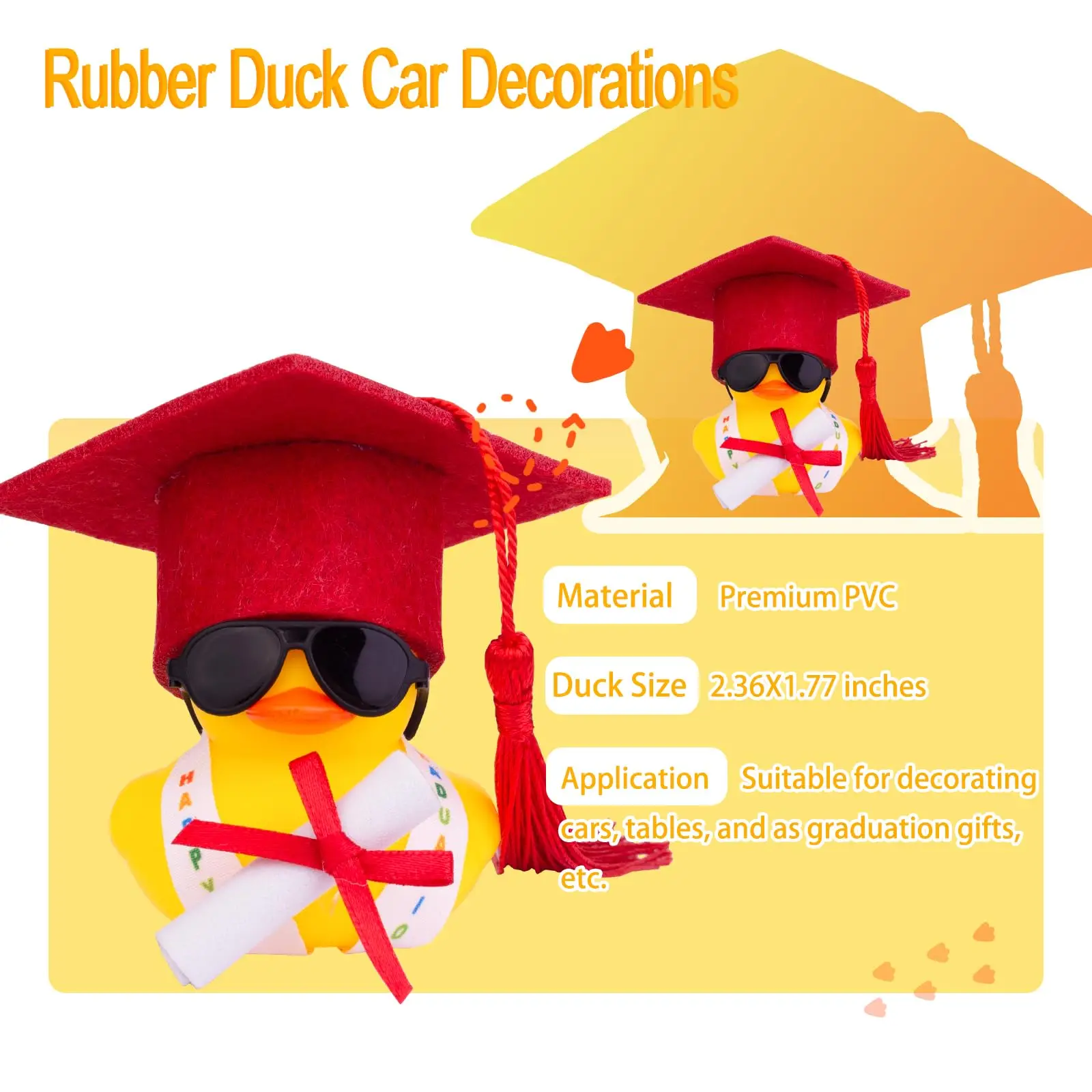 1 Set Graduation Rubber Duck Car Ornament, Rubber Duck Car Dashboard Decor with Mini Graduation Hat Sash Glasses