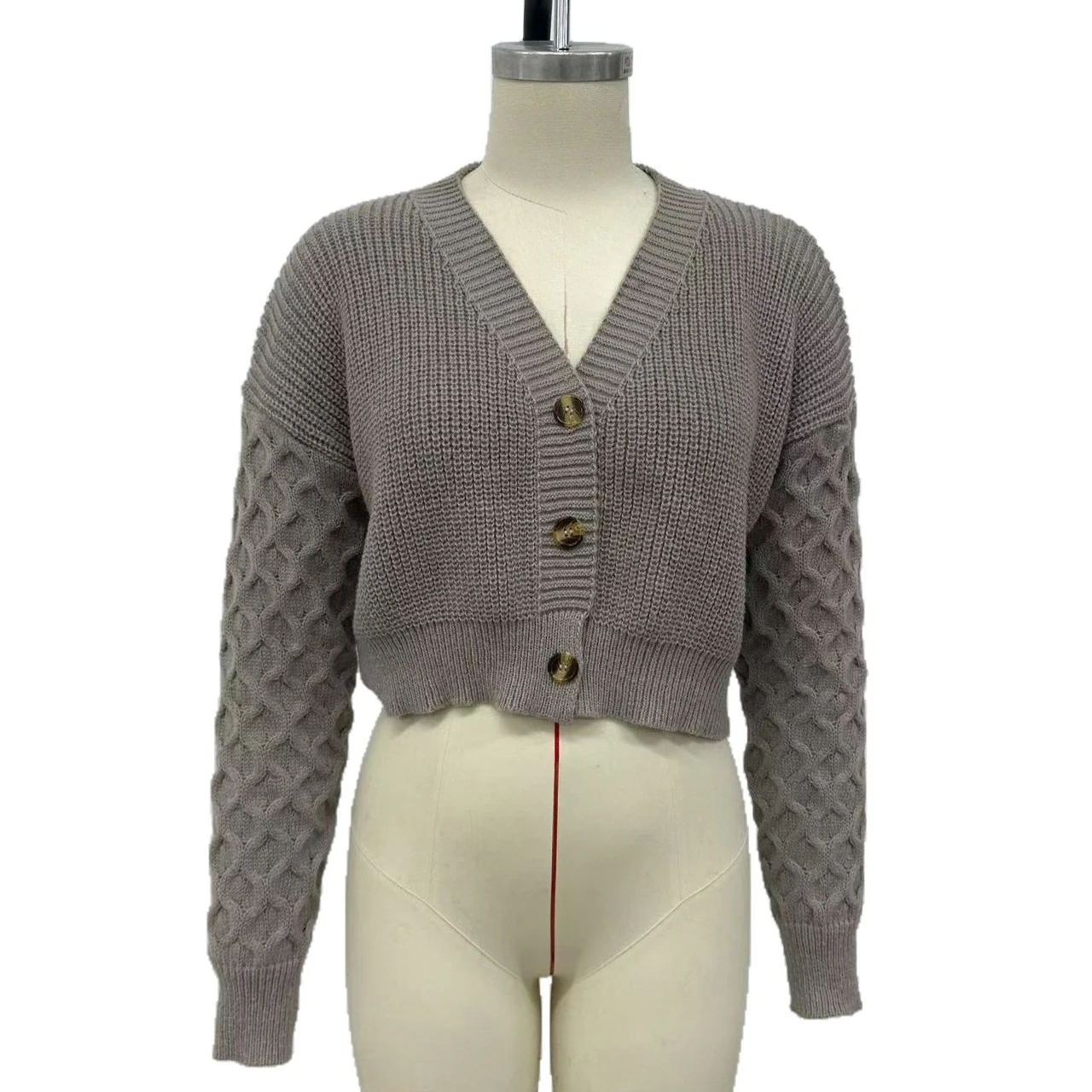 2025年 Vネック無地ニットカーディガン、オフショルダー袖とシングルブレストのセータージャケット