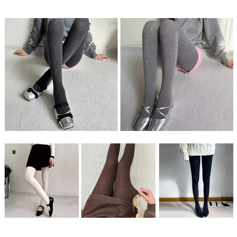 Cotton Tights with Hollowed Out Pattern for Women Elegant Opaque Plain Pantyhose