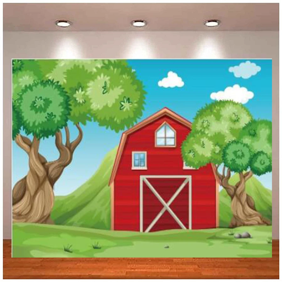 Photography Backdrop For Photo Studio Cartoon Background Banner For Photo Kids Farm Green Trees Grass Cloud