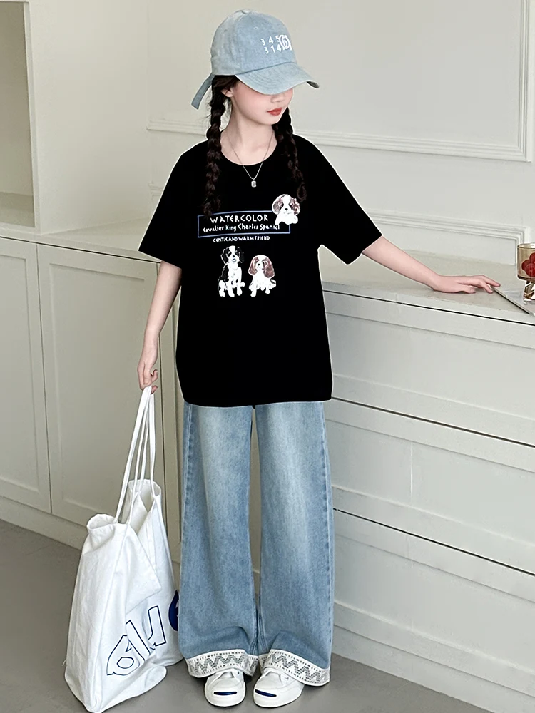 

Girls Casual Summer Outfit ort Sve T-irt And Jeans Two-Piece Set Korean Sle Faionable Cotton Clothes for Teens