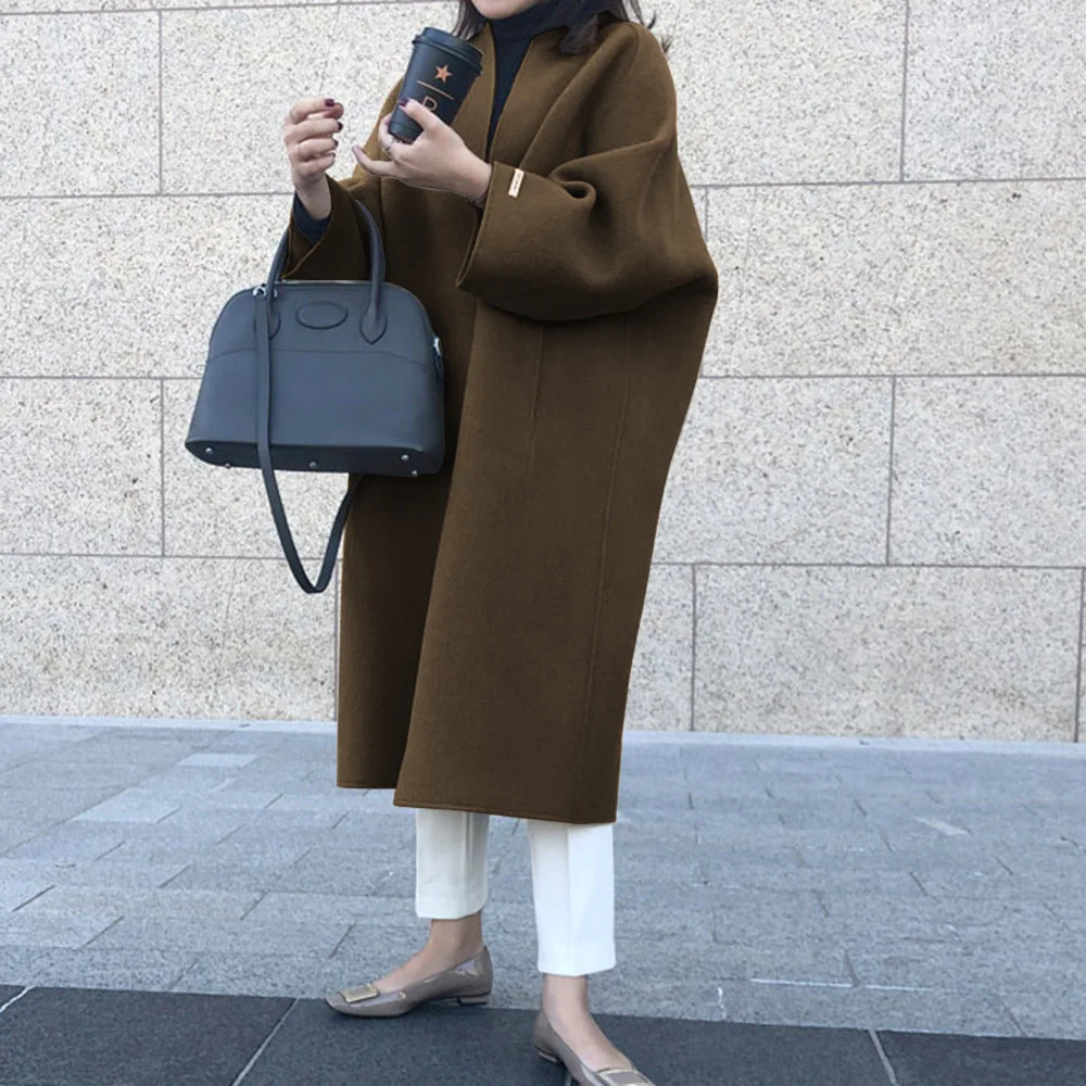 Chaqueta de Tweed de manga larga para mujer, abrigo largo de gran tamaño, suelto, liso, color sólido, moda coreana, Otoño e Invierno