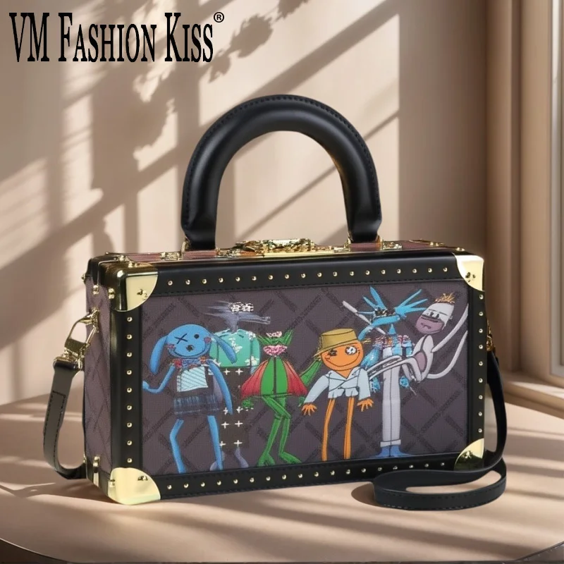 

VM FASHION KISS Cartoon Box Bags Women Handbags Evening Bag Top Handle Satchel Rivets Crossbody Bag Small Hard Purse Shoulder