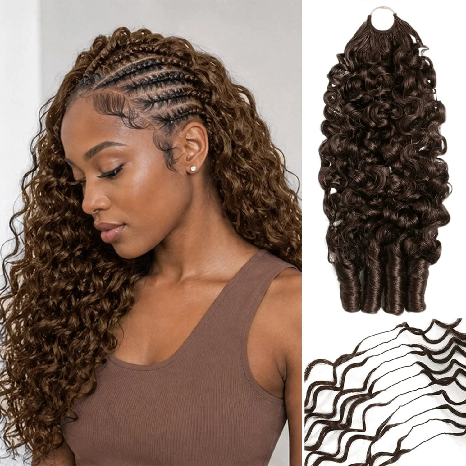 Burmese Curly Chocolate Brown Knots Crochet Human Hair 100% Human Hair Invisible Lightweight Feather Crochet Hair Extensions