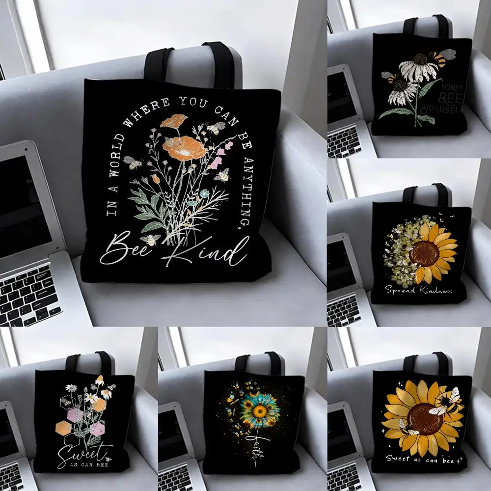 Botanical Sunflower Bee Spread Kindness Storage Bags Storage Bag Canvas Tote Bag Foldable Reusable Shopping gifts commuting