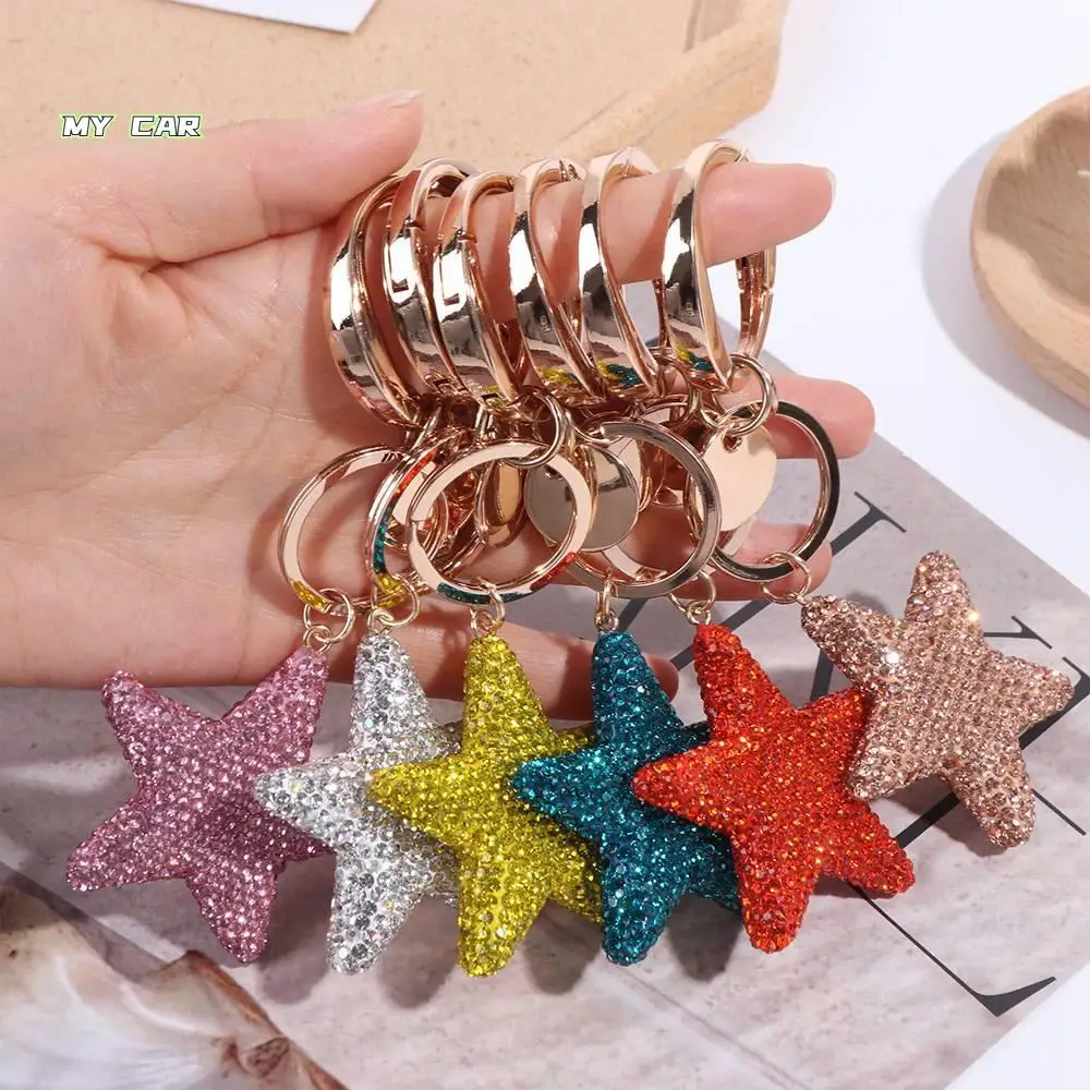 

Cute Little Fresh Car Keyring Five-Pointed Star Double-Sided Couple Keychain Ornaments Artificial-Encrusted Bag Pendant Party