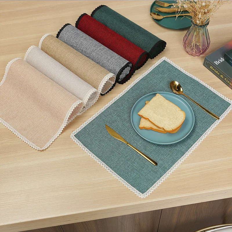1/4/6pcs Cream Green Lace Edge Dining Table Mats Machine Washable Cloth Place Mats for Farmhouse Kitchen Gift Table Pad