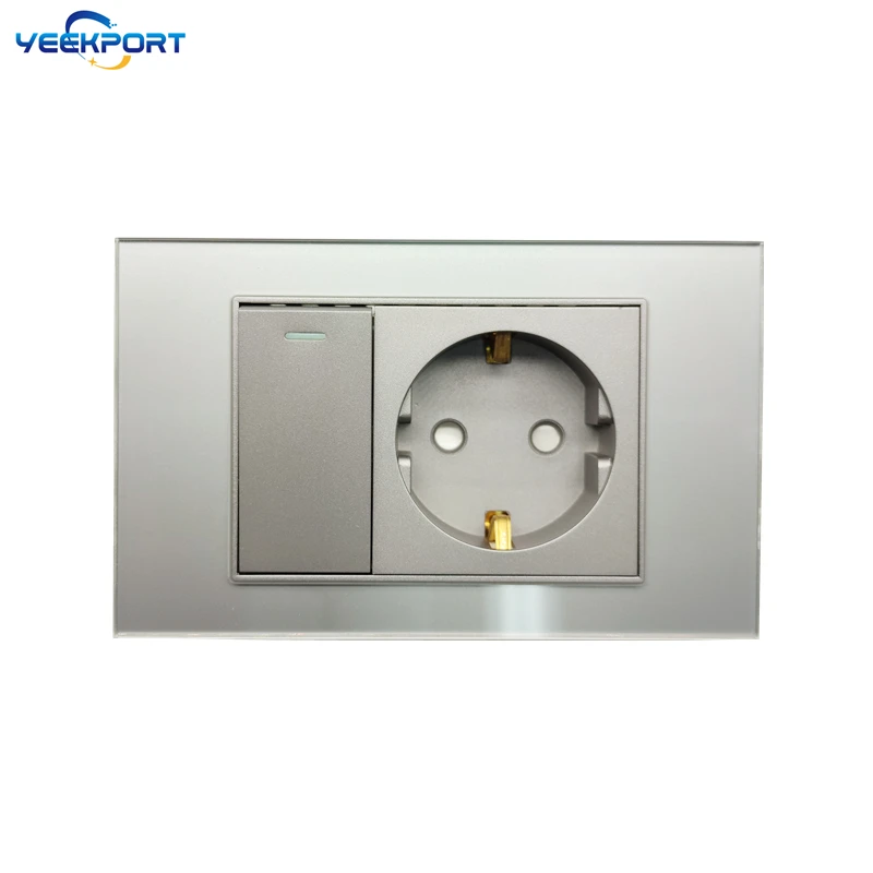 

Розетка настенная 118 мм, стандарт ЕС, немецкий стандарт, серая, с панелью из закаленного стекла, 16А, 2-контактная, с выключателем