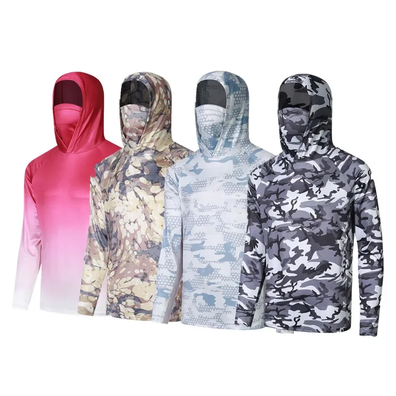 Men Summer Fishing Hoodie With Face Mask Multi‑Color Camo Print Quick Dry Long Sleeve Sun Protection Fishing Shirt