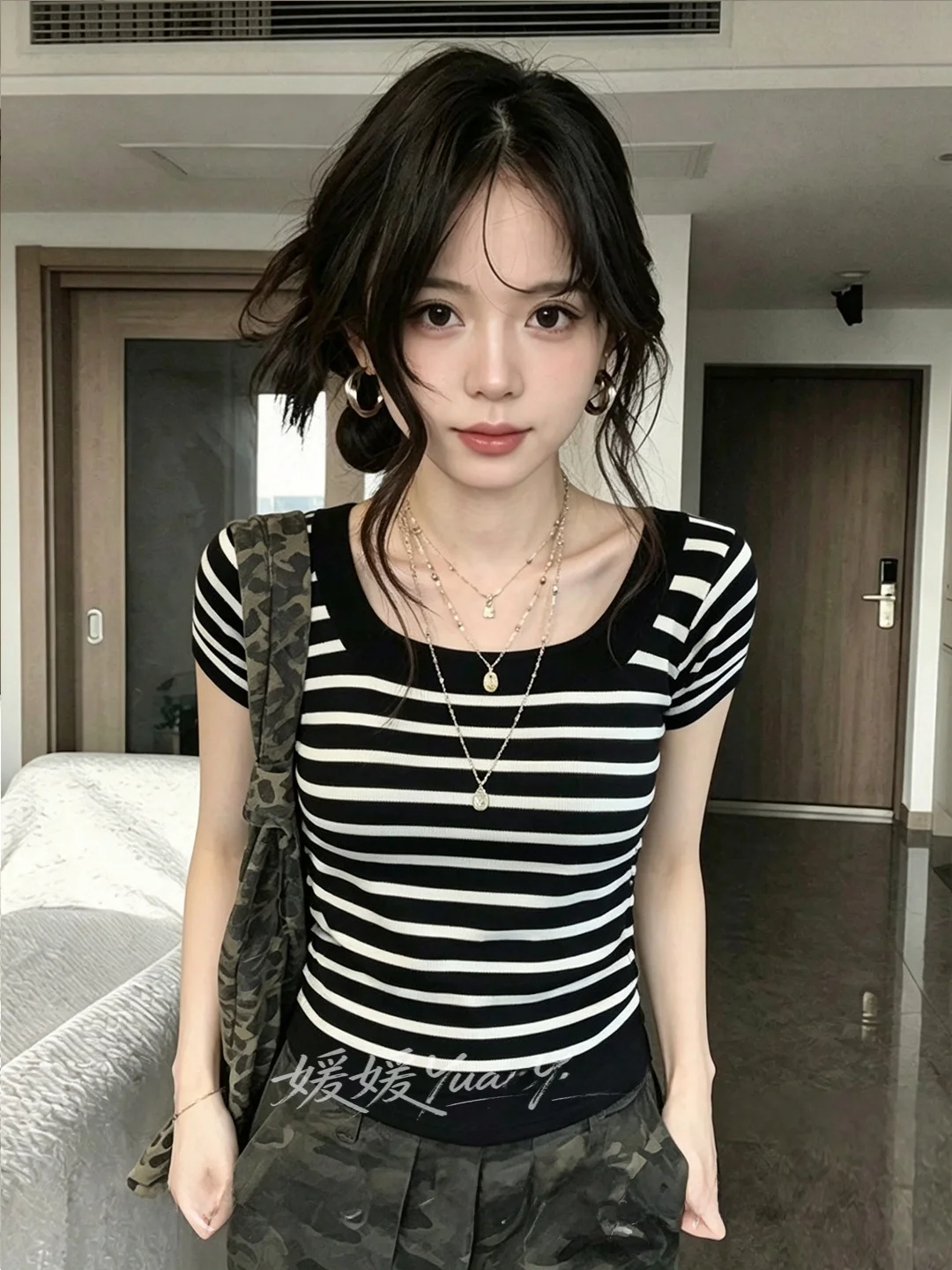 Ice Silk Stripe Short Sleeve T-Shirt Women's Loose Slimming Design Short Style Drawstring Square Collar Small Shirt Summer Wear