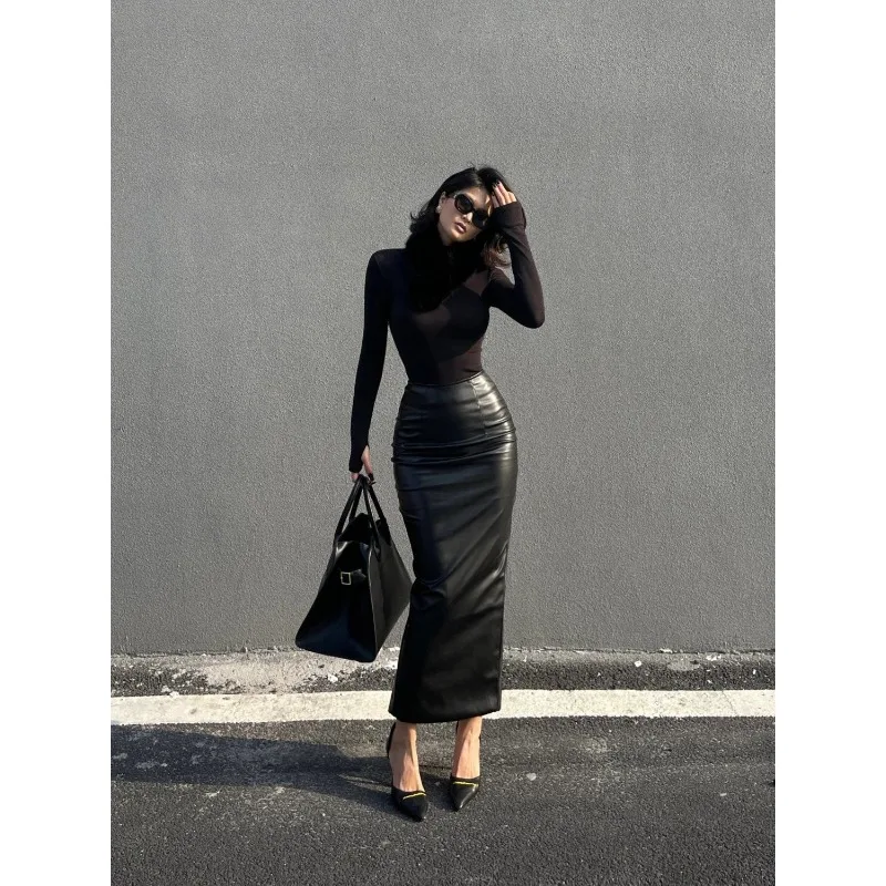 

Retro Tight Black Pu Leather High-waisted Half-length Women's Spring and Autumn New Temperament Mid-length Slit Hip Skirt
