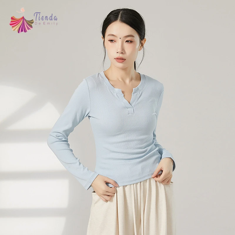 Modern Dance Top Women V-Neckline Long Sleeve Blouse Shirt Slimming Fitting Training Clothes Solid Line Practice Casual Tee Top