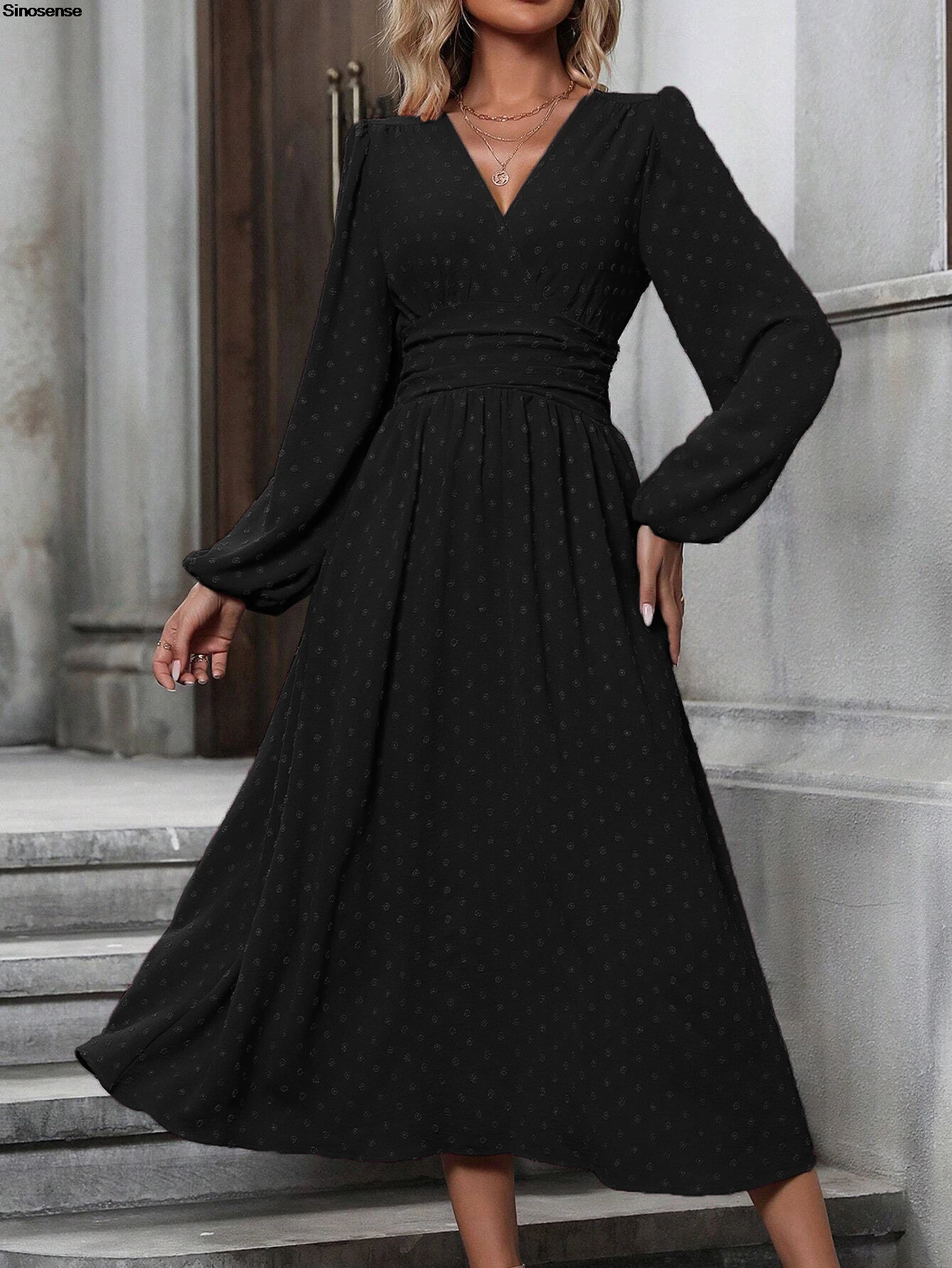 Abito lungo da donna autunno manica lunga scollo a V Swiss Dot Boho smock a vita alta abito lungo fluido a trapezio elegante abito da ospite di nozze