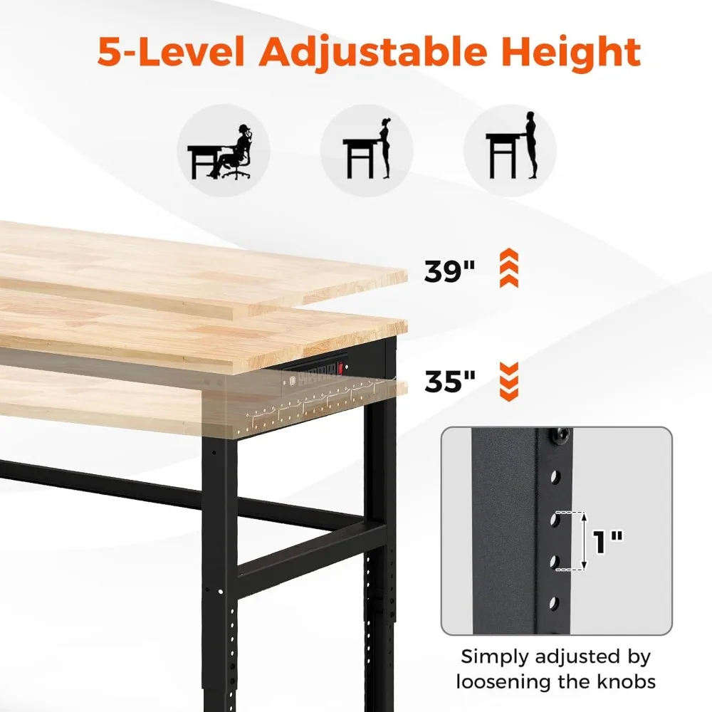 Adjustable 48 Oak Wood Workbench with Power Outlet, Universal Lockable Wheels, and Non-Slipping Footpads