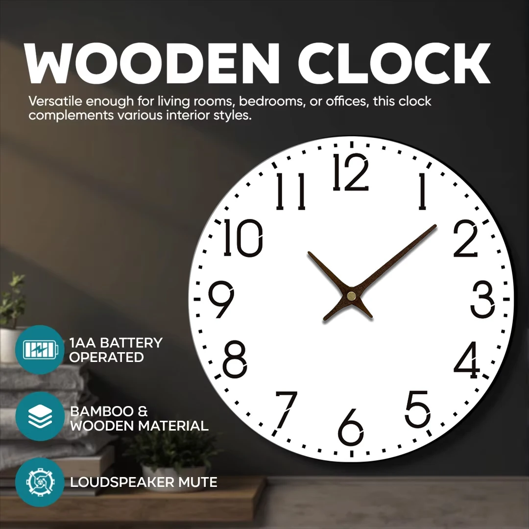 Simple Round Wooden Wall Clock White Dial Design Quartz Mechanism Battery Powered Decor Clock for Bedroom Living Room Office