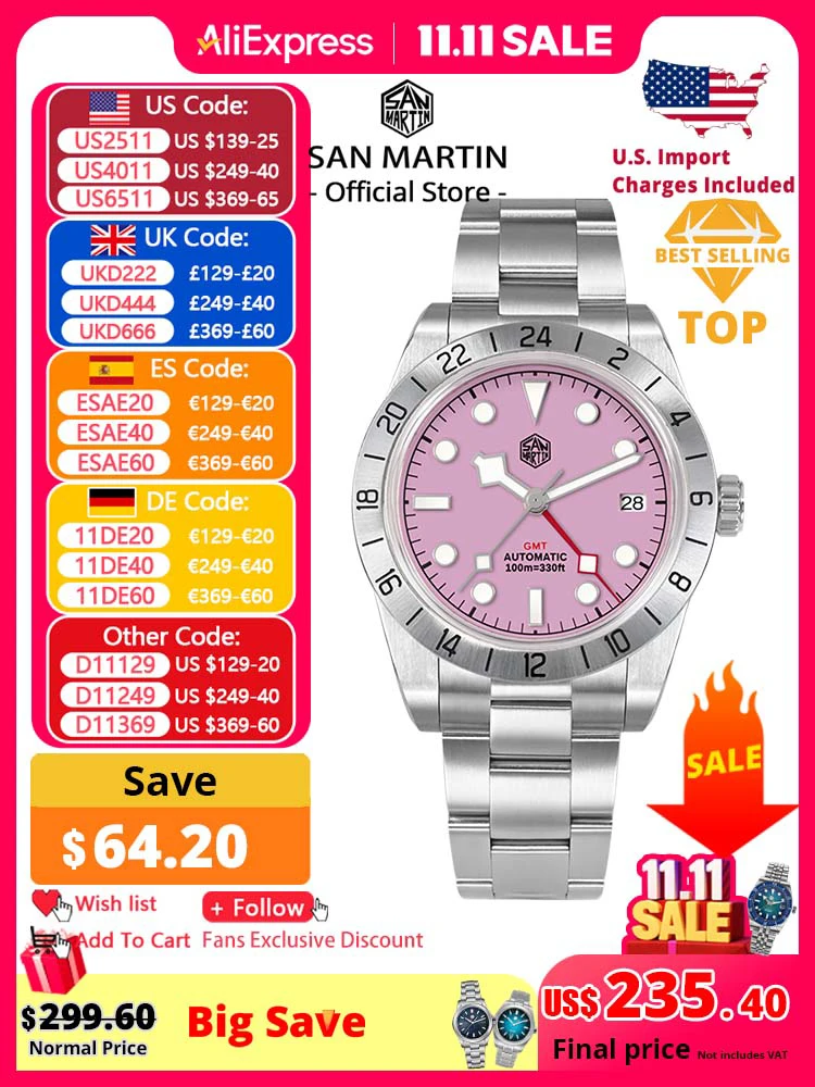 

San Martin Pink Dial BB GMT NH34 39mm Classic Luxury Business Men Watch Automatic Mechanical Sapphire Waterproof Relojes SN0054