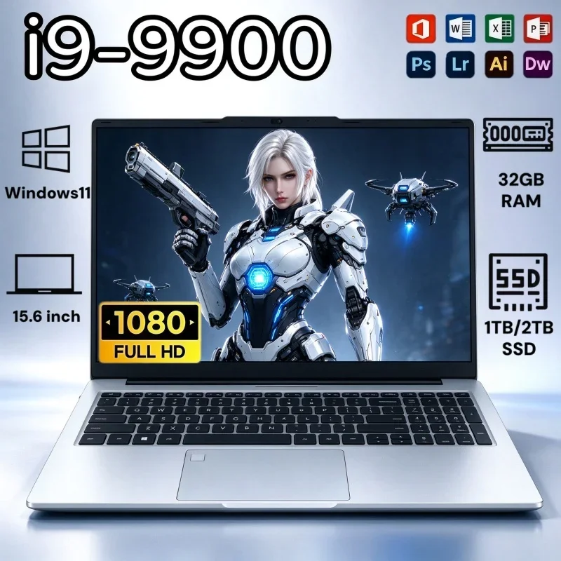 Large Storage 15.6 Inch Notebook Intel I9 9900 Windows 11 32GB RAM 2TB SSD Fingerprint Unlock For Gaming Document Processing