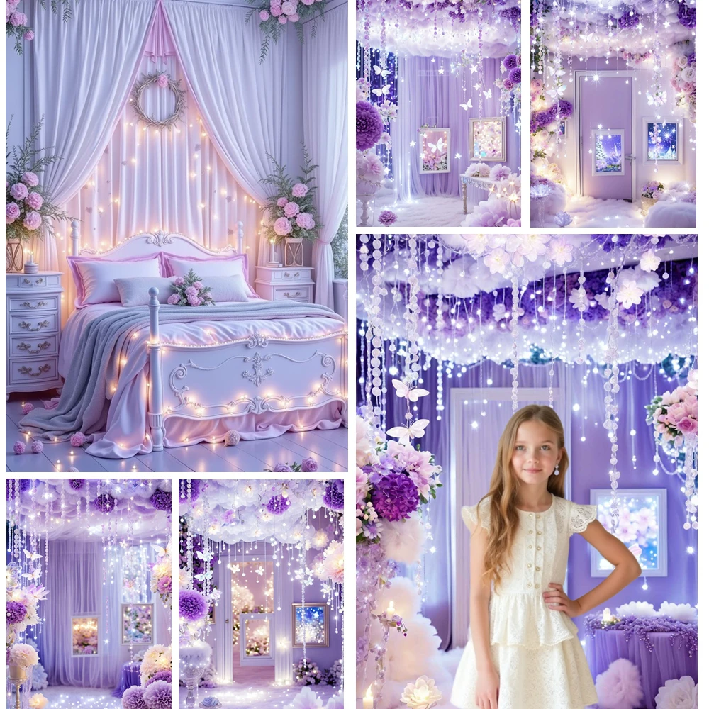 MOON.QG 꽃무늬 침실 샹들리에 커튼 스트링 라이트 배경 소녀 웨딩 장식 스튜디오 사진 촬영 포토존