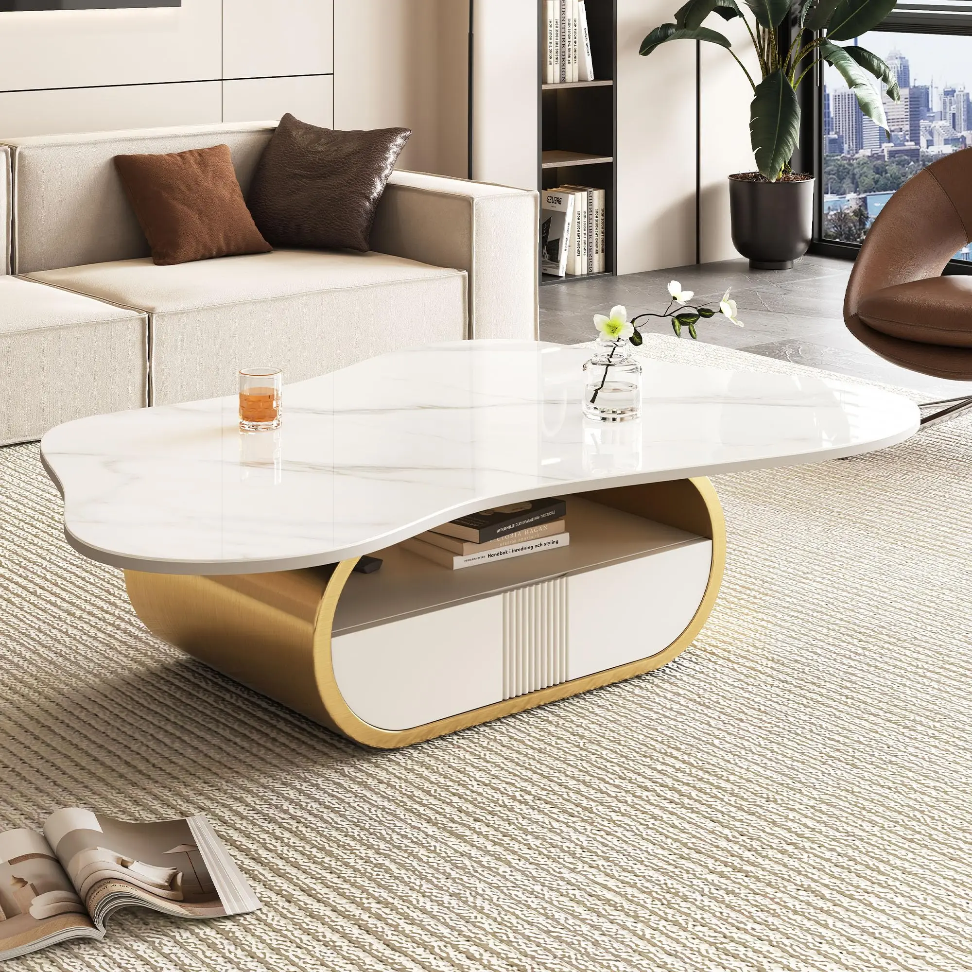 Modern Faux Marble Coffee Table with Storage Drawer,White Sintered Stone Top,Built-in Drawer, Sturdy Stainless Steel