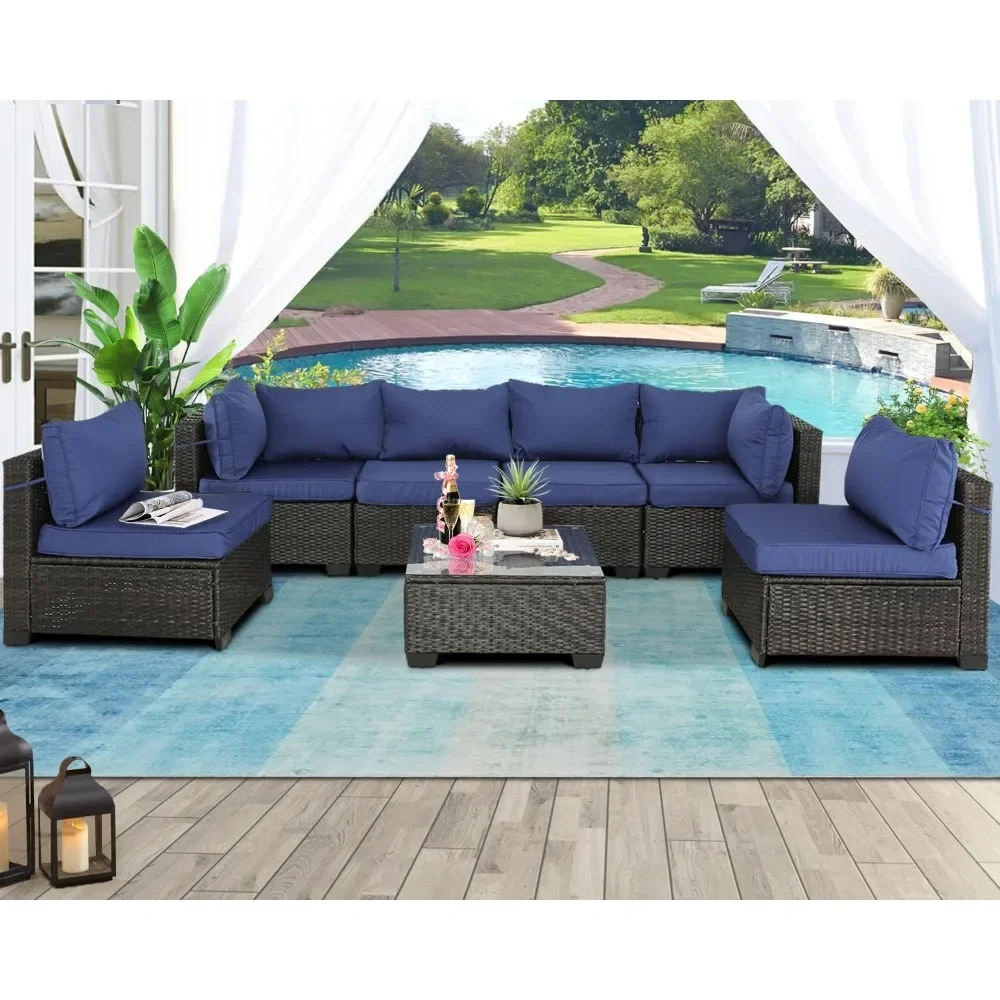 Patio Furniture Set Outdoor Segmented PE Rattan Terrace Conversation Set with Cushions for Balcony, Garden, 7 Pieces with Table