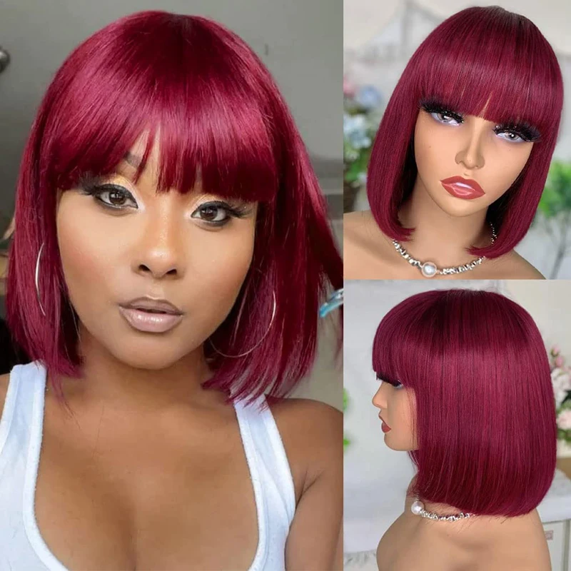 Debut Straight Bob Human Hair Wigs With Bangs Brazilian Short Human Hair Bob Wigs For Woman Red 99J Orange Human Hair Wigs