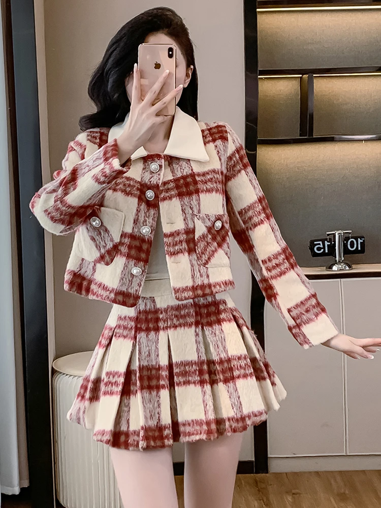 

Autumn French Vintage Plaid Woolen Two Piece Set Women Short Jacket Coat + Mini Pleated Skirt Suits Korean Ladies Luxury Outfits