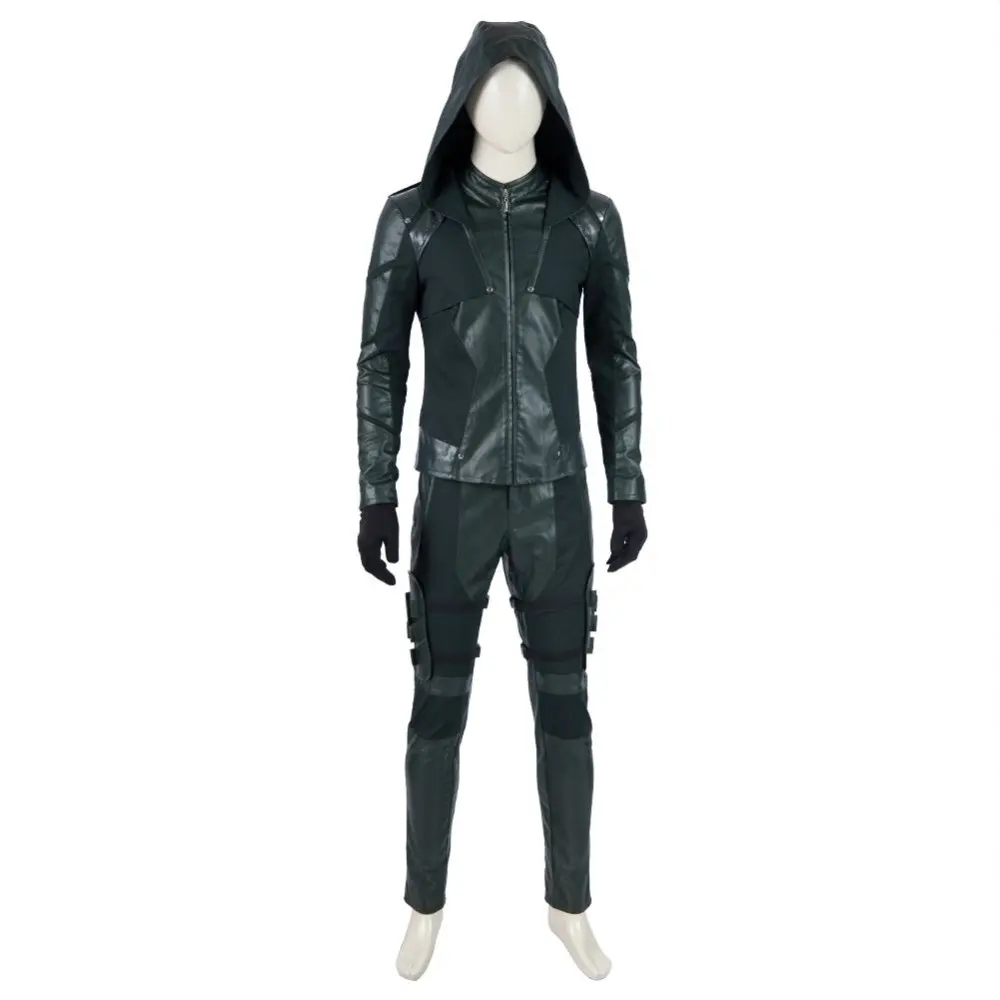 

The Arrow Season 5 Green Arrow Cosplay Costume Oliver Queen Outfit Mens Leather Battle Suit with Quiver Halloween Costumes